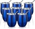 COMOOO Stainless Steel Wine Tumbler Glasses Bulk with Lid and Straw 12oz Double Wall Vacuum Insulated Tumbler Cup Stemless for Hot and Cold Drinks, Coffee, Wine, Cocktails (Royal blue, 8 Pack)