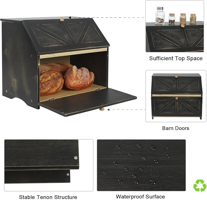 HOMEKOKO Double Layer Large Bread Box for Kitchen Counter, Wooden Large Capacity Bread Storage Bin (Rustic Black)