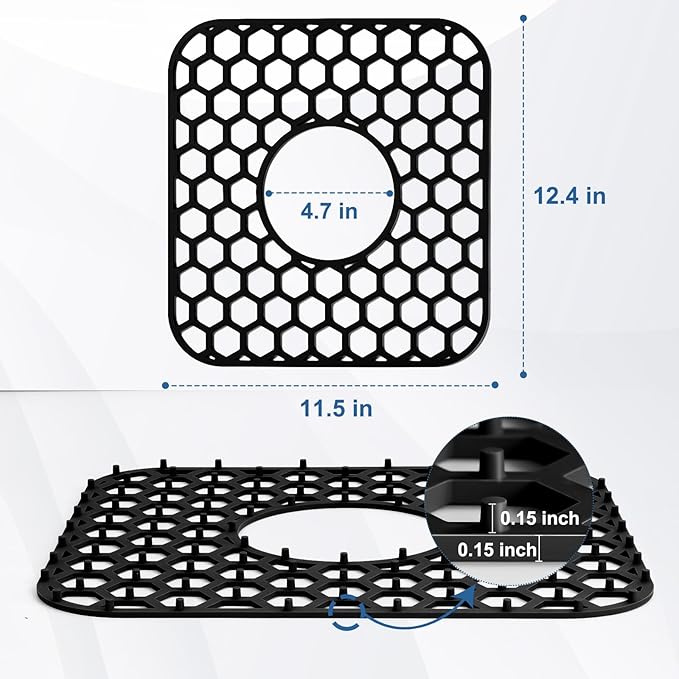 2 Pack Silicone Sink Protectors for Kitchen Sink - 12" x 11" Kitchen Sink Grid Accessory, Non-Slip Heat-Resistant Mat for Bottom of Porcelain Stainless Steel, Dishwasher Safe (Black)