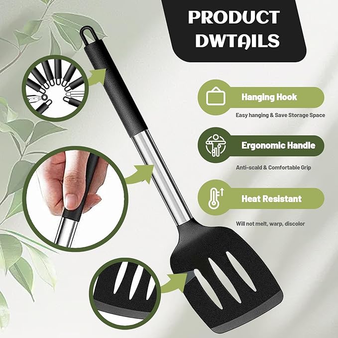 Kitchen Utensils Set Silicone Cooking, 40 Pcs Black Stainless Steel Metal, Spaghetti Spoon Cookware Utensils, Rubber Tools Nonstick Kitchenware Can Withstand Temperatures Up To 446°F, Dishwasher Safe