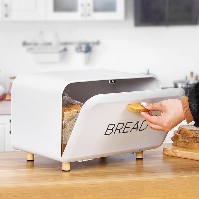White Bread Box for Kitchen Countertop - Large Capacity Bread Storage Container vintage bread box - Stylish Metal Bread Bin