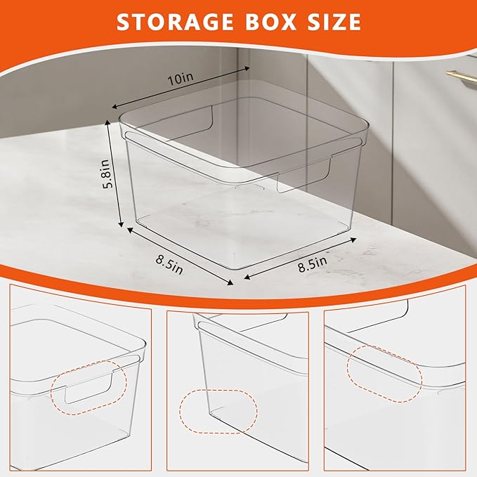 MOONEDGE 6-Pack Clear Plastic Storage Bins — Open-Top PET Storage Containers & Organizers, 10" x 10" x 6" Clear Boxes for Closet, Pantry, Office, Craft, Toy and Refrigerator Organization