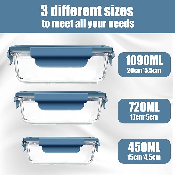Glass Food Storage Containers 5 Pack,Three Sizes Glass Meal Prep Containers with Snap Lock Leakproof Lids,Lunch Box for Microwave,Freezer,Oven and Dishwasher