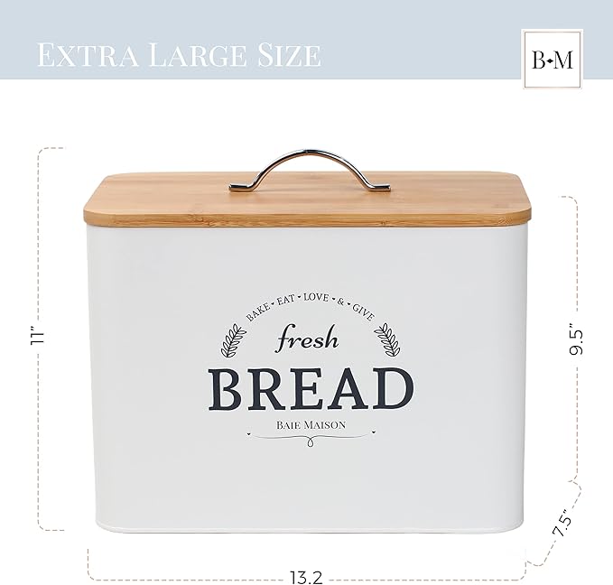 Extra Large White Farmhouse Bread Box for Kitchen Countertop - Breadbox Holder Fits 2+ Loaves - Bread Storage Container Bin - Rustic Bread Keeper Vintage Metal Kitchen Decor (White with Wood Lid)