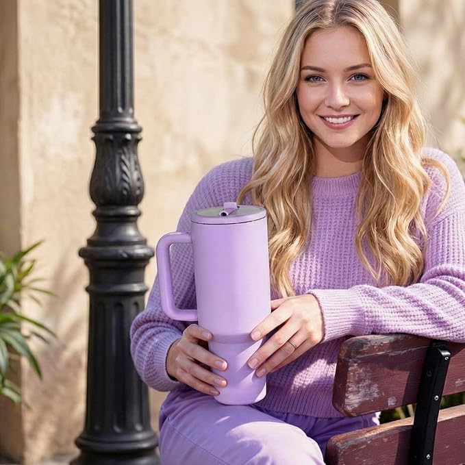 40 oz Insulated Tumbler with Handle,Flip Straw,Lid & Rubber Base Stainless Steel Water Bottle - Leak Proof Vacuum Insulated Mug BPA Free Reusable Travel Cup Gifts for Women/Men (Dark purple)