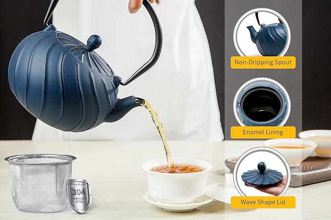 Stovetop Tea Kettle, TOPTIER Japanese Cast Iron Tea Kettle with Infuser for Loose Leaf and Tea Bags, Cast Iron Teakettle Coated with Enameled Interior for 40 oz (1200 ml), Midnight Black