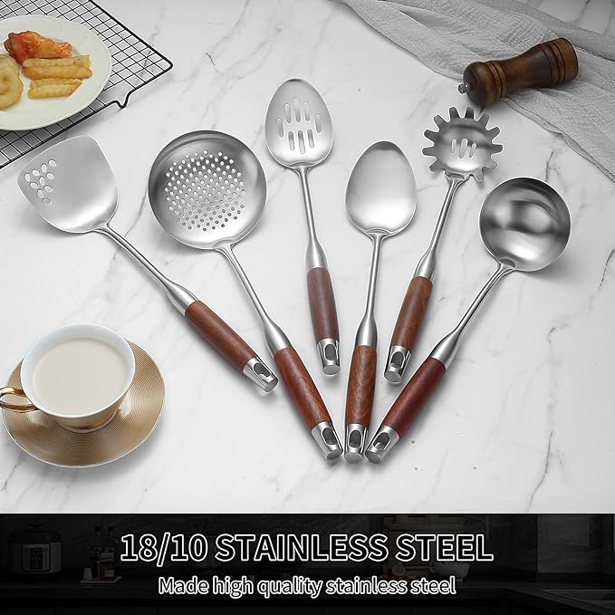 Stainless Steel Kitchen Utensils Set with Wood Handle, 18/10 Metal Cooking Utensils Set, 6-Piece - Spatula, Spoon, Ladle, Skimmer, Slotted Spoon, Pasta
