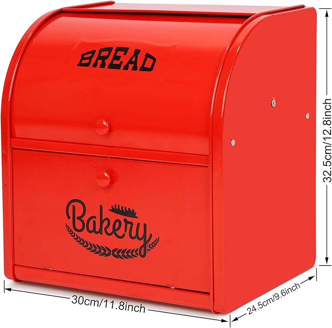 Bread Box, Metal Bread Box for Kitchen Countertop, 2 Layer Roll Top Bread Boxes, Stainless Steel Bread Storage, Kitchen Counter Bread Bin, Airtight Holder for Homemade Bread (Red)