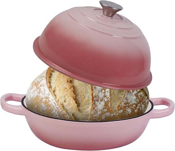 Dutch Oven for Sourdough Bread Baking, Enameled Cast Iron Dutch Oven Pot with Lid, Dome-Shaped Bread Dutch Ovens, 6 Qt, (Pink)