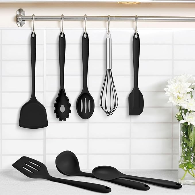 TeamFar 8 PCS Silicone Cooking Utensils - 446°F Heat Resistant Kitchen Silicon Utensils Set, Turner, Spatula, Spoon, Whisk, Kitchen Cooking Gadgets Tools for Nonstick Cookware, Dishwasher Safe-Black