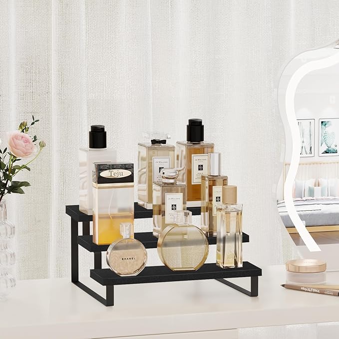YINMIT Wooden Display Riser Stand, Tiered Perfume and Cologne Organizer Stand, 3 Tier Spice Rack Organizer, Rustic Display Shelf for Candles (3 Tier,Black)