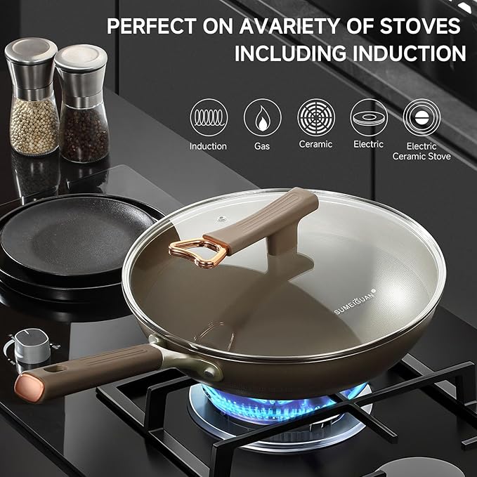 13 Inch Titanium Wok Pan with Lid, Non Stick Frying Pan, Woks & Stir-Fry Pans Nonstick, Flat Bottom Stainless Steel Wok, Titanium Pans Ideal for Induction Stovetop Cooking PFOA&PFAS Free