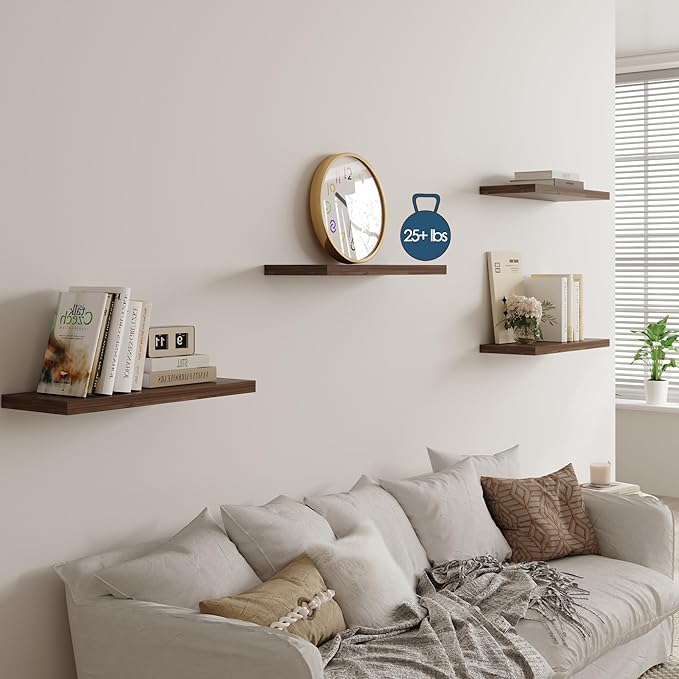 Wall Shelf Set of 2, Walnut Floating Shelves 24 in W x 10 in D x 1 in H, Wooden Floating Wall Shelf with Invisible Brackets for Living Room/Bedroom/Bathroom/Kitchen Storage and Decor