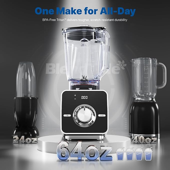 Home Blender, 1400W High-Speed Blender for Ice Crushing Power, Stainless Steel Blades, Kitchen Timer, 10 Speeds, 6 Programs for Smoothies, Frozen Drinks, Self-Cleaning, 64oz Bulk Production