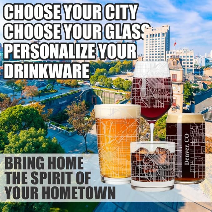 Blue Ridge Mountain Gifts - Denver Souvenir - Colorado Glassware Gift, Etched City Map, Laser Engraved and Dishwasher Safe