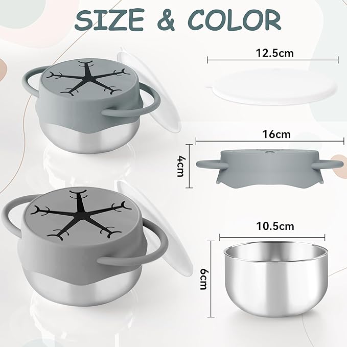 2 Pack 3-in-1 Stainless Steel Snack Containers for Toddlers with Spill-Proof Silicone Lids & Dual Handles - Baby Snack Box, Toddler Snack Cups, Perfect for Healthy Eating (Dark Grey+Light Grey)