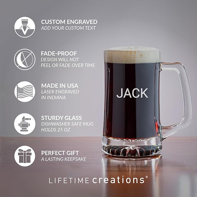 Lifetime Creations Engraved Personalized Name Beer Mug 25 oz - Stein with Name, Monogrammed Beer Lover Groomsmen Gift, Dishwasher Safe, Made in USA