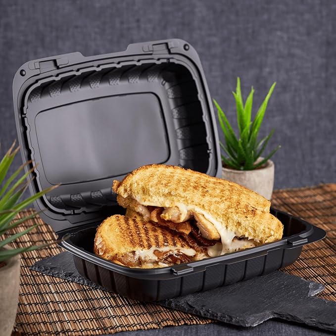 KARAT EARTH Clamshell Take Out Food Containers [9"x6" - 250 ct] To Go Containers | Microwavable, Freezer Safe, Soak-Resistant, Durable, Stackable | Vented for Hot/Cold Foods, Black