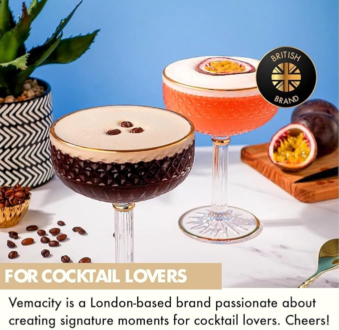 VEMACITY - Embossed Espresso Martini Glasses Set of 2 (10oz) - Gold Rim Coupe Glasses for Cocktails, Champagne & Margaritas - Vintage Art Deco Design | Ideal for Christmas & New Years