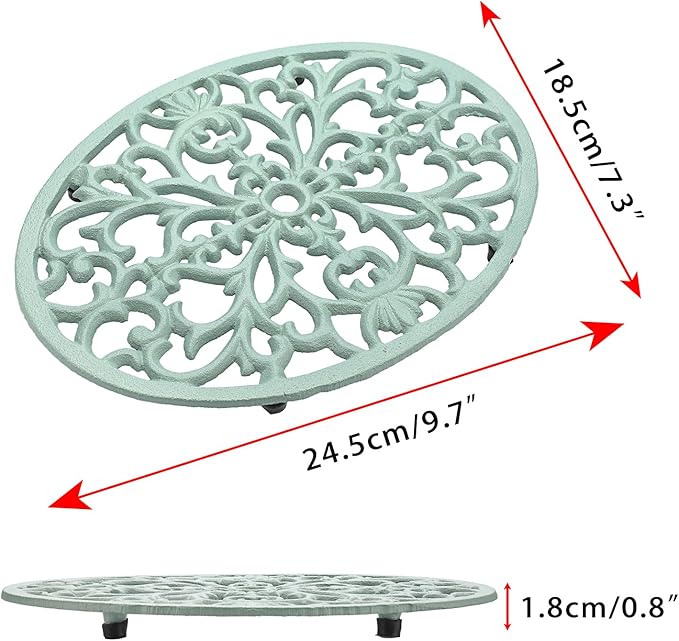 Sumnacon 1Pcs Oval Cast Iron Trivet - Antique Heat Resistant Metal Trivet for Hot Dish Pot Pan Teapot, Vintage Well Made Hot Plate Pad for Kitchen Dining Countertop Table,Green