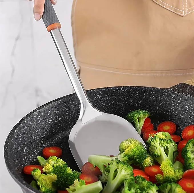 7-Piece Kitchen Utensil Set for Non-Stick Cookware - Stainless Steel with Silicone, Heat Resistant, Easy Grip, Gray & Orange