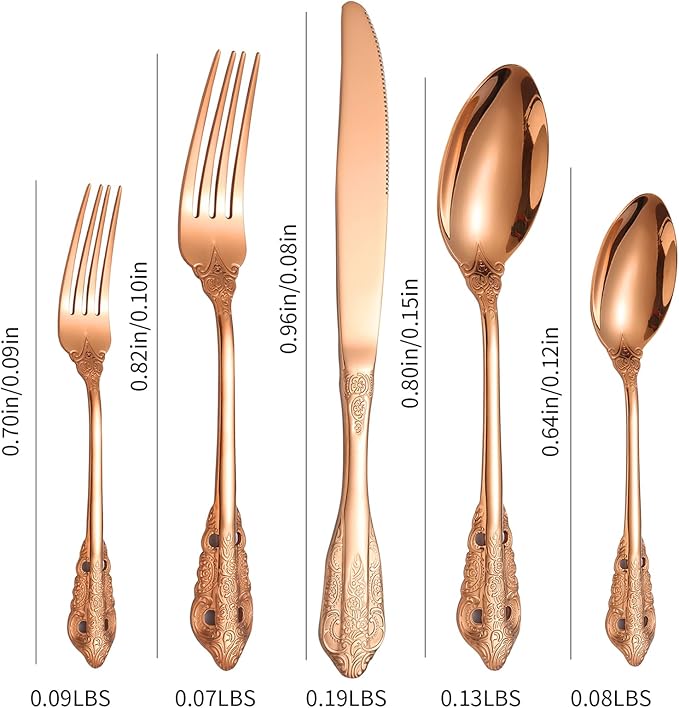 Royal Silverware Set for 8 Copper/Rose Gold Stainless Steel Flatware Retro Cutlery Vintage Eating Utensils Carved Design for Home Kitchen Restaurant Parties