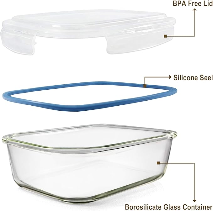 Glass Food Storage Containers Set, Large Size Containers with Lids, BPA-free Locking lids, 100% Leak Proof Glass Meal Prep Containers, Freezer to Oven Safe (2 Pack of 52oz)