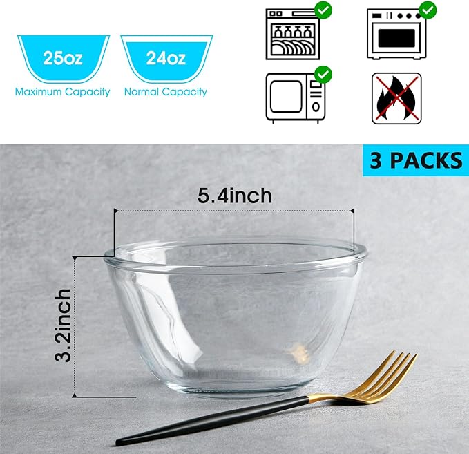 NUTRIUPS 3 Pack 24oz Glass Bowls Set for Cereal and Salad, Small Glass Bowls for Kitchen (5.4 inch)