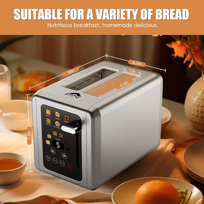 2 Slice Toaster,Touchscreen & Dual Independent Control Panel,5 Basic Functions & Digital Countdown Toasters,6 Shade Settings＆6 Bread Types,Smart Bread Maker Mute/Screen-Off,Silver