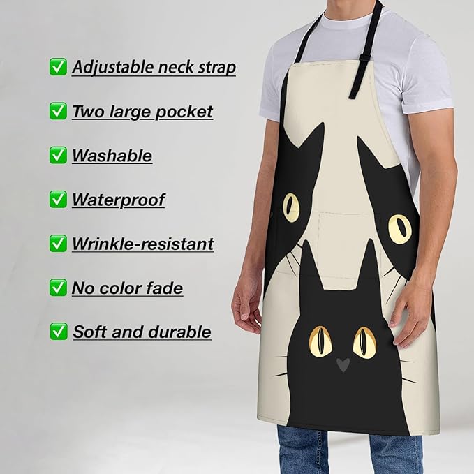 Funny Black Cat Apron for Women, 28x33in, Kitchen Chef Aprons with 2 Pockets, Polyester, Cat Apron for Cooking BBQ Baking Gardening Chef, Gifts for Mom Wife Dad