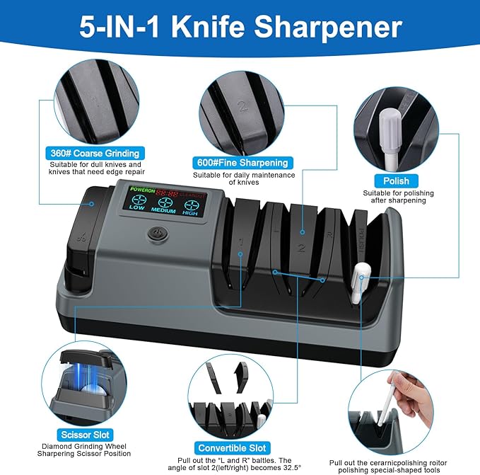 5-in-1 Electric Knife Sharpener for Kitchen Knives, 3-Stage Sharpener with 100% Diamond Abrasive, LCD Screen, Speed Adjustable, Knife Sharpener for All Kitchen Knives Quick Sharpening, Scissors