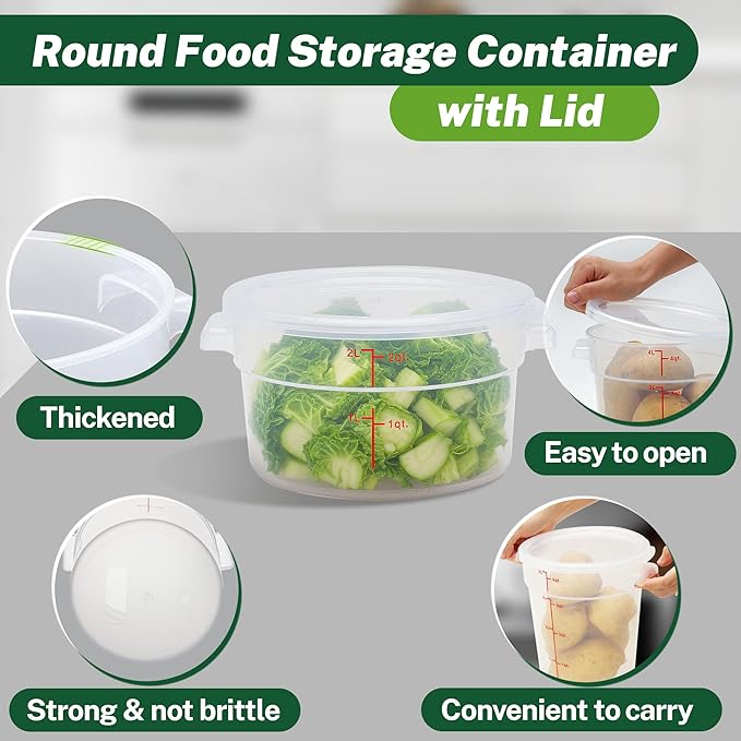 Round Food Storage Container with Lid, 2 Qt Translucent, Commercial 4 Pack of – NSF Listed, BPA-Free, Polypropylene, Non-Stick, Scale, with Labels & Measuring Cups