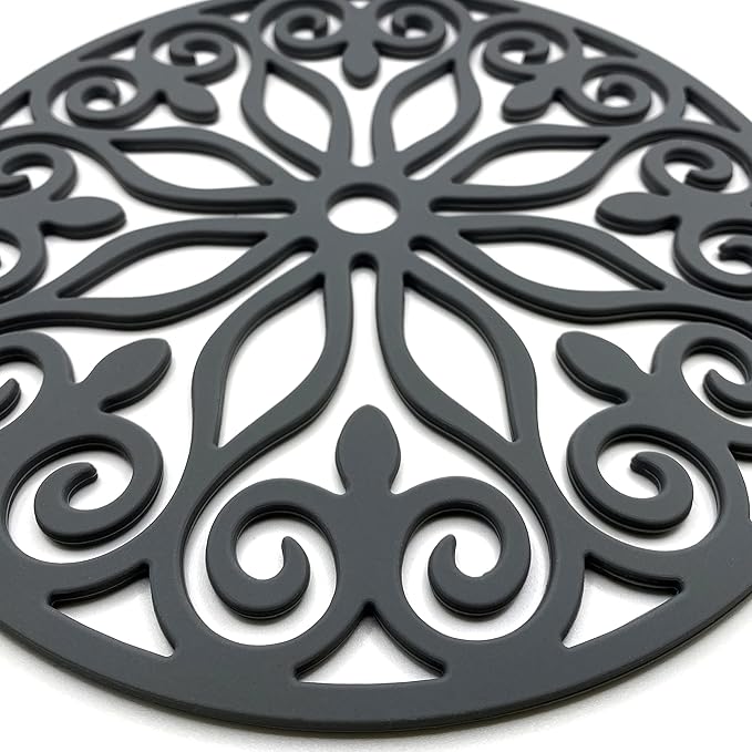 3 Set Silicone Trivet Mats with 1 Extra Large Included | Intricately Carved Insulated Flexible Durable Non Slip Thick Round Premium Trivets for Hot pots and Pans | Dark Gray