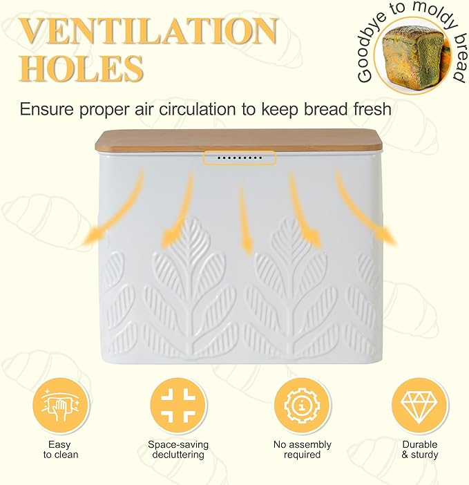 Extra Large Bread Box for Kitchen Countertop Corner Breadbox for Homemade Bread Metal White Plant Pattern Embossed Bread Storage Container Bin with Bamboo Lid Fits 2 Loaves of Bread
