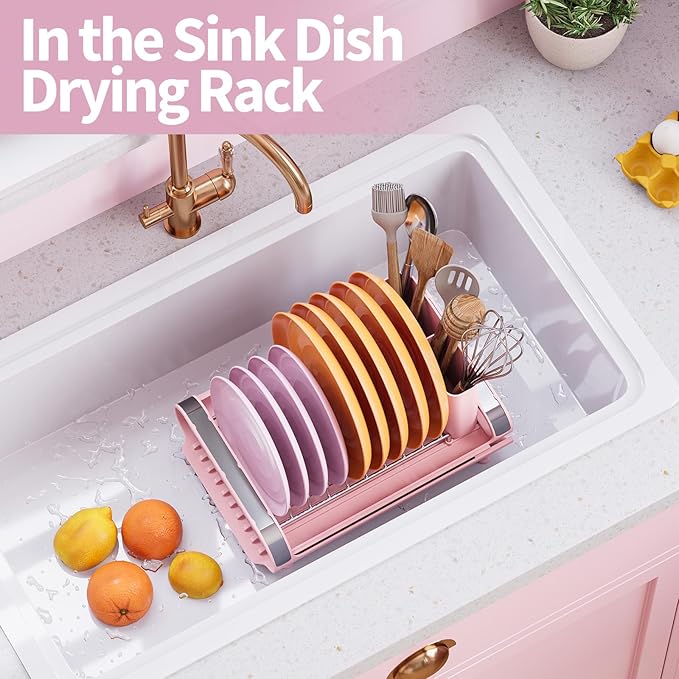 TOOLF Small Dish Drying Rack, Mini Expandable Compact Dish Rack, Slim Extendable Stainless Steel Dish Drainer for Kitchen Plate Storage, Space Saving Dish Strainer in Sink or on Home Countertop, Pink
