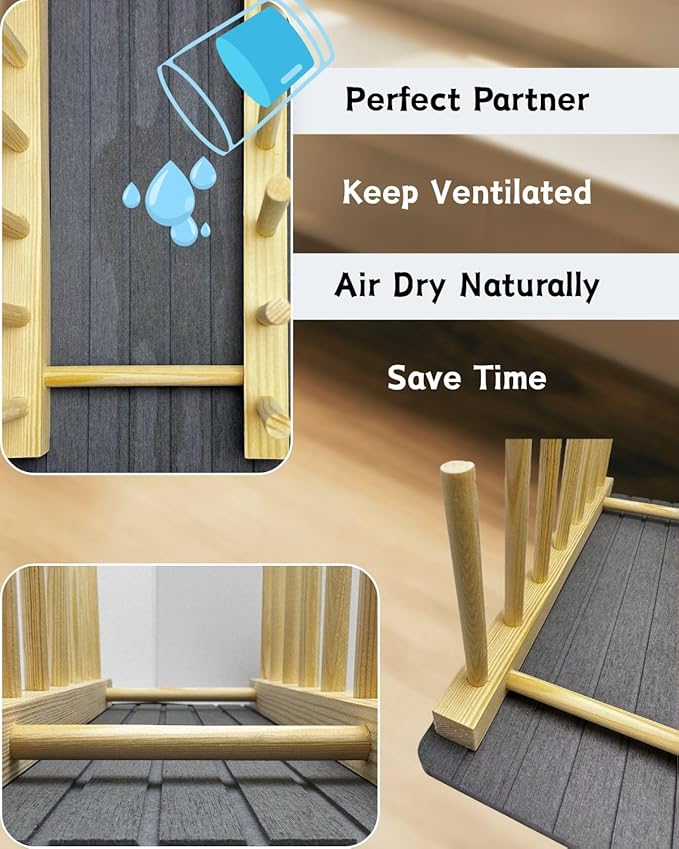 Wooden Dish Drying Rack with Stone Drying Mat for Kitchen Counter-Plate Organizer for Cabinet and Utensil, Cutting Board, Pot Lid Storage