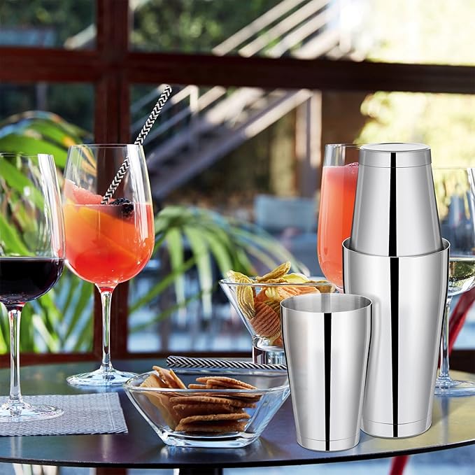 8 Pcs Cocktail Shaker Boston Shaker Set Professional Bartender Kit Bar Stainless Steel Drink Shaker Bartending Martini Tin with 18oz & 28oz Mixed Alcohol Tool for Beginner(Silver)