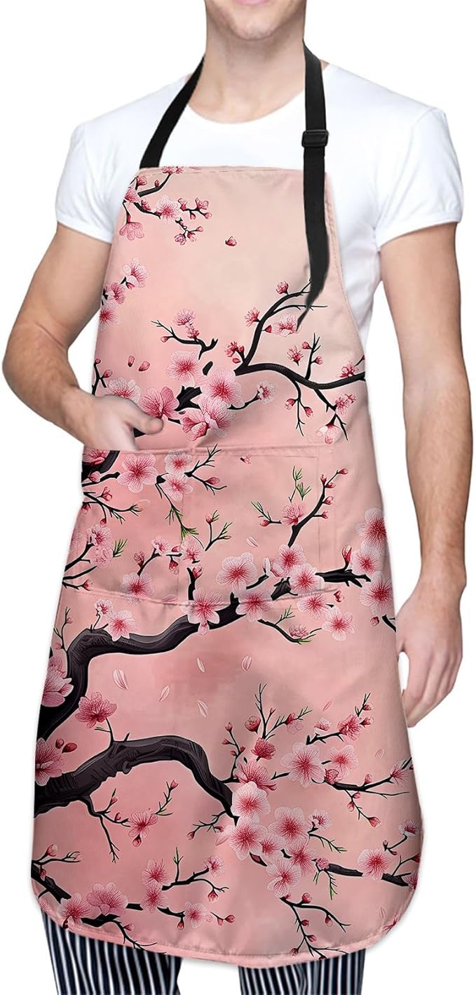 Pretty Cherry Blossom Apron, Kitchen Cooking Baking Adjustable Polyester Pink Blooming Floral Aprons for Women, with 2 Pockets, 28×33in, Ideal Gifts for Wife, for Chef Gardening Grilling