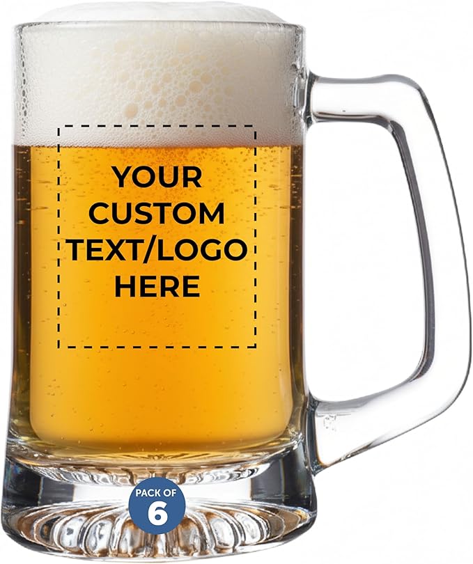 DISCOUNT PROMOS Custom ARC Glass Beer Mugs 14 oz. Set of 6, Personalized Bulk Pack - Great for Octoberfest, Pub, Restaurant - Clear