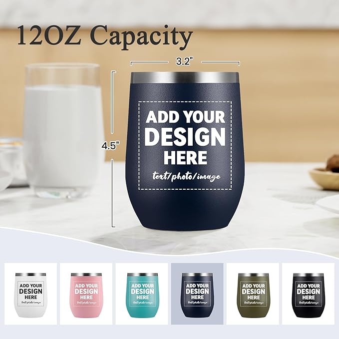 MEWAY Personalized Custom 12oz Wine Tumbler with Lid, Insulated Double Wall Vacuum Travel Tumbler Gifts with Text Photo Logo (Navy, 1pack)