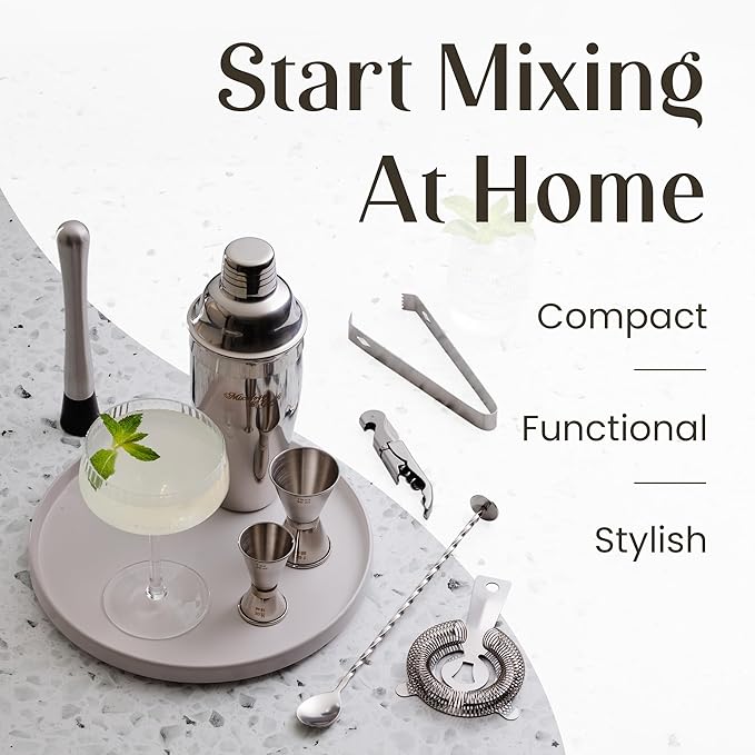 Mixology & Craft 11-Piece Cocktail Shaker Set, Bartender Kit with Stand, Stainless Steel Bar Tools, Dual Jiggers, Muddler & Pourers, Wood Display for Home Bar - Gift Ready (Silver)