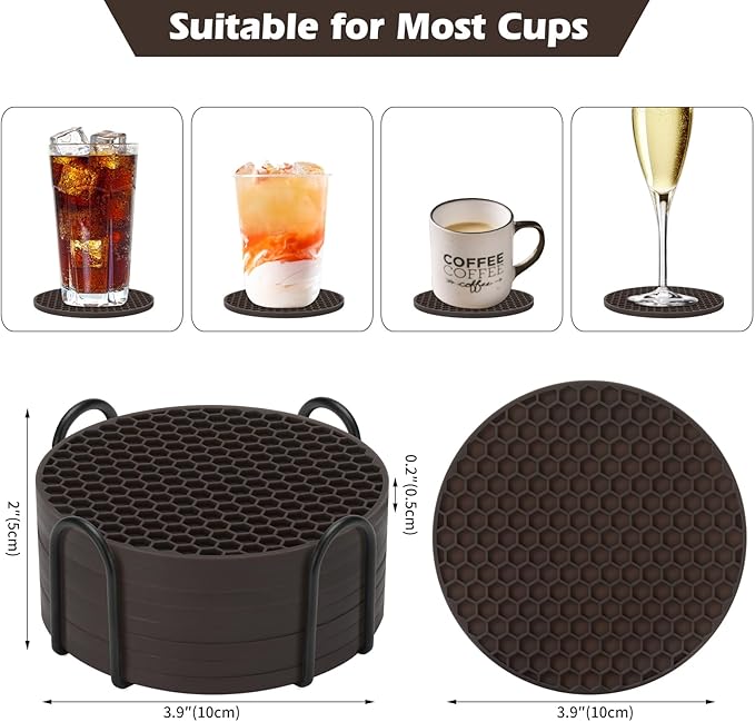 Silicone Coaster Set of 8 with Holder, Drinks Coasters, Coffee, Anti-Slip, Non-Stick, Anti-Overflow Tabletop Protection and Decor (8 Pcs, Coffee)