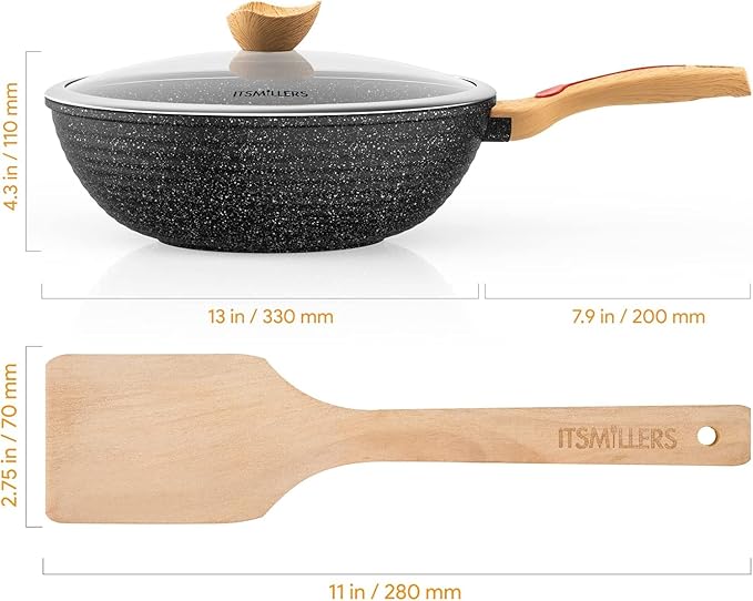 Nonstick Wok Aluminium Die-casting Chinese Wok, Scratch Resistant With Lid and Spatula, PFOA-Free, Dishwasher Safe & Induction Bottom,12 Inch,6L,Large Capacity