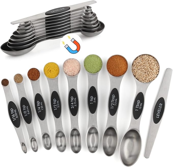 Measuring Spoon Set of 9 Magnetic Measuring Spoons Dual Sided Stainless Steel Measuring Spoons Stackable Nesting Tablespoon Teaspoon, Fits in Spice Jars, for Dry or Liquid Ingredients