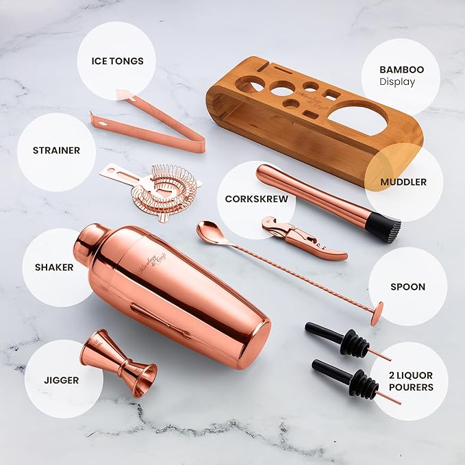Mixology & Craft Cocktail Shaker Set: 10-Piece Bartender Kit with Stand | Complete at Home Bar Set with Bar Accessories | Great Housewarming Gift | Leak-Proof Design (Copper)