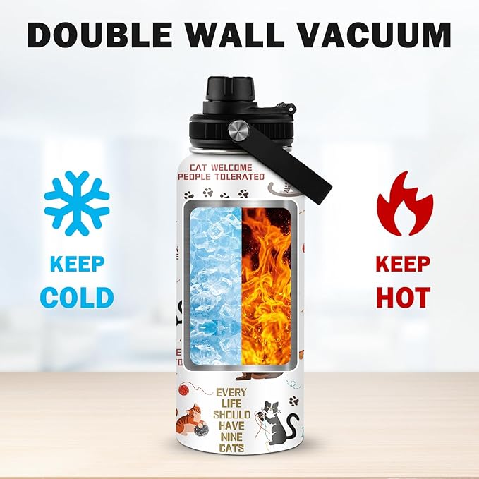 Cats Gifts for Women, 32 oz Insulated Water Bottle, Stainless Steel Sports Travel Bottles, Cute Cat Water Bottles Gifts for Cat Lovers (1pcs)