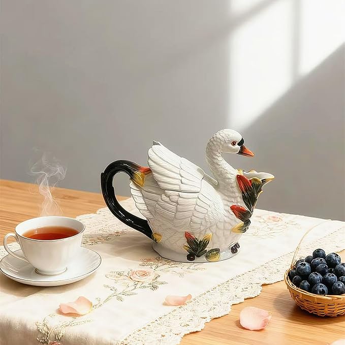 Ceramic White Swan Coffee Pot, Teapot, Unique Desktop Decorations and Ornaments