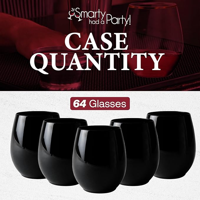 Smarty Had A Party 64 Black Disposable Stemless Wine Glasses 12 oz – Stemless Wine Glass Plastic and Cocktail Glasses Disposable Classy, Plastic Punch Cups for Parties, Weddings and Events
