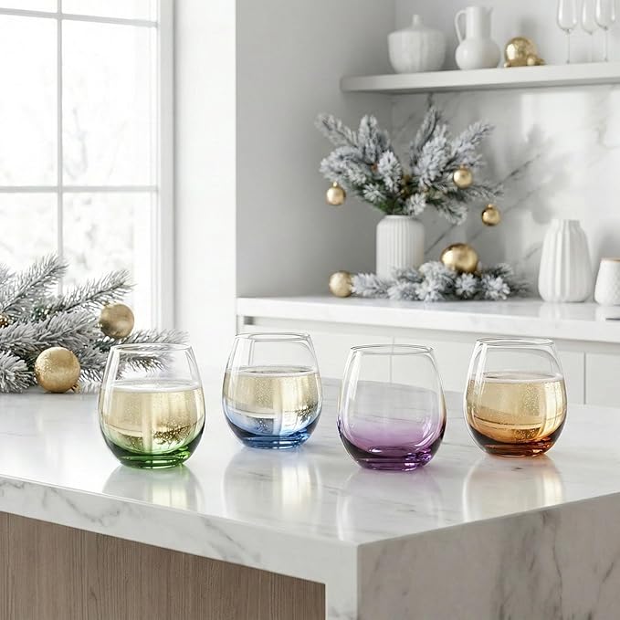 ColoVie Stemless Wine Glasses Set of 6, Large Colored Wine Glasses, Short Wine Glass Set for Red Wine, White, Red, No Stem Margarita Glasses, 15 oz