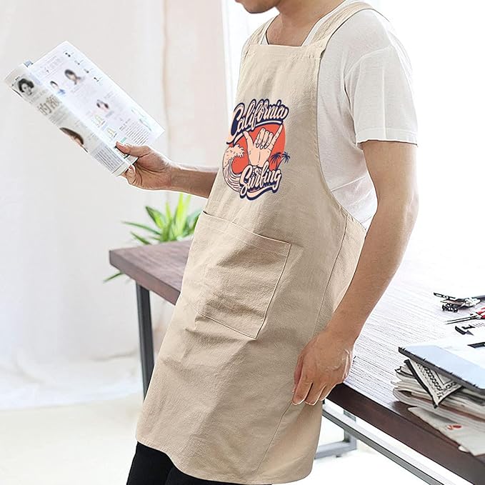 Cotton Linen Apron Non-tie Cross Back Kitchen Apron with Pockets Soft Comfortable Durable for Cooking Baking Gardening (Khaki)